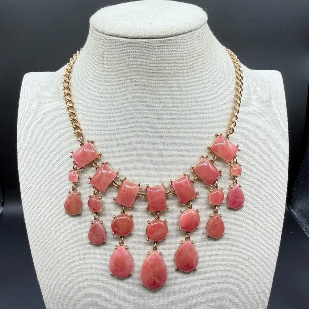 Pink Cabochon Statement Necklace Gold Tone Teardrop Fringe Bib Boho Romantic